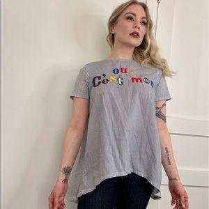 Zara Oui C’est Moi Striped Flow Embroidered Top